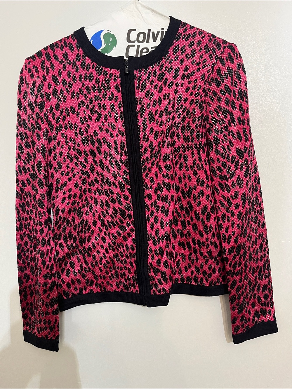 St. John Collection Hot Pink and Black Leopard Zip-Front Jacket
